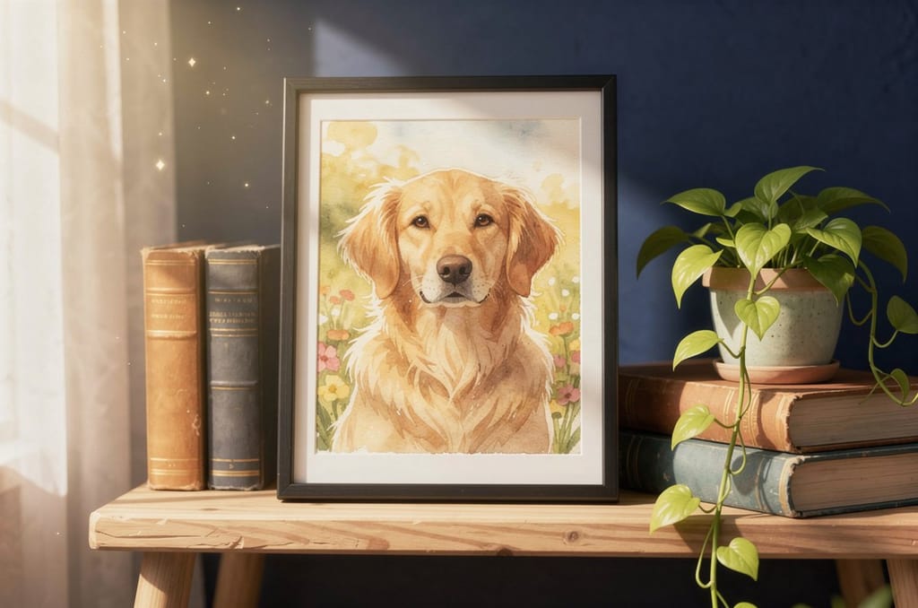 A soft watercolor portrait of a golden retriever in warm garden light, framed in black and standing on a sunlit shelf beside books and a small trailing plant