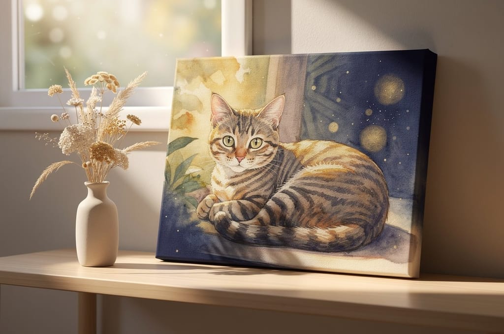 A gallery-wrapped canvas of a tabby cat painted in soft watercolor washes, propped on a pale console table beside a small vase of dried wildflowers in morning light