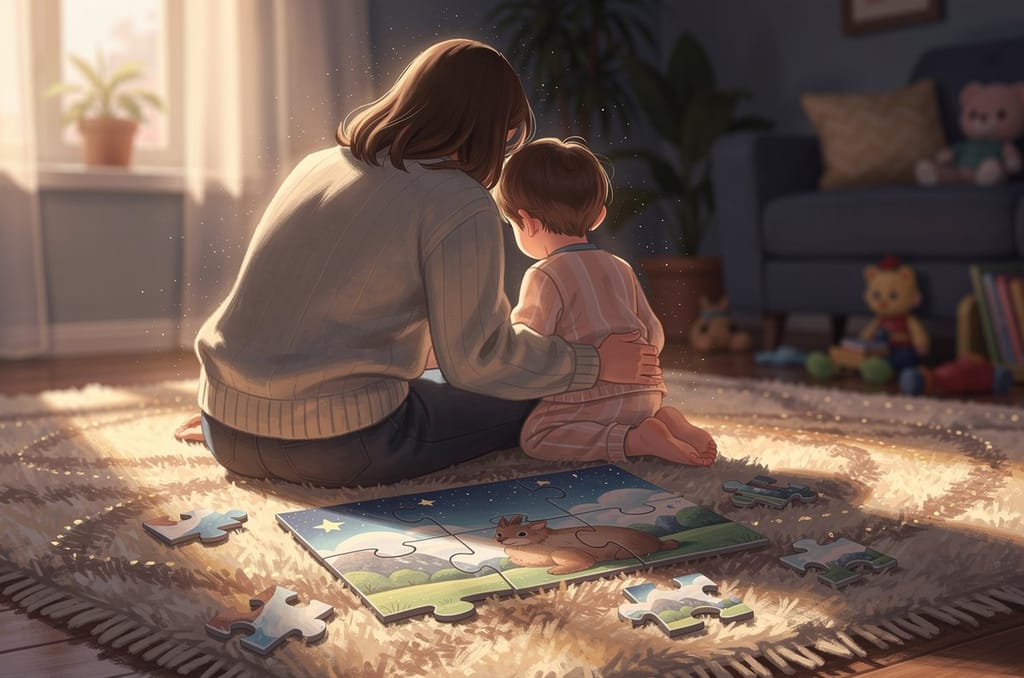 A parent and young child seen from behind, sitting on a rug and building a large-piece floor puzzle together in warm afternoon light