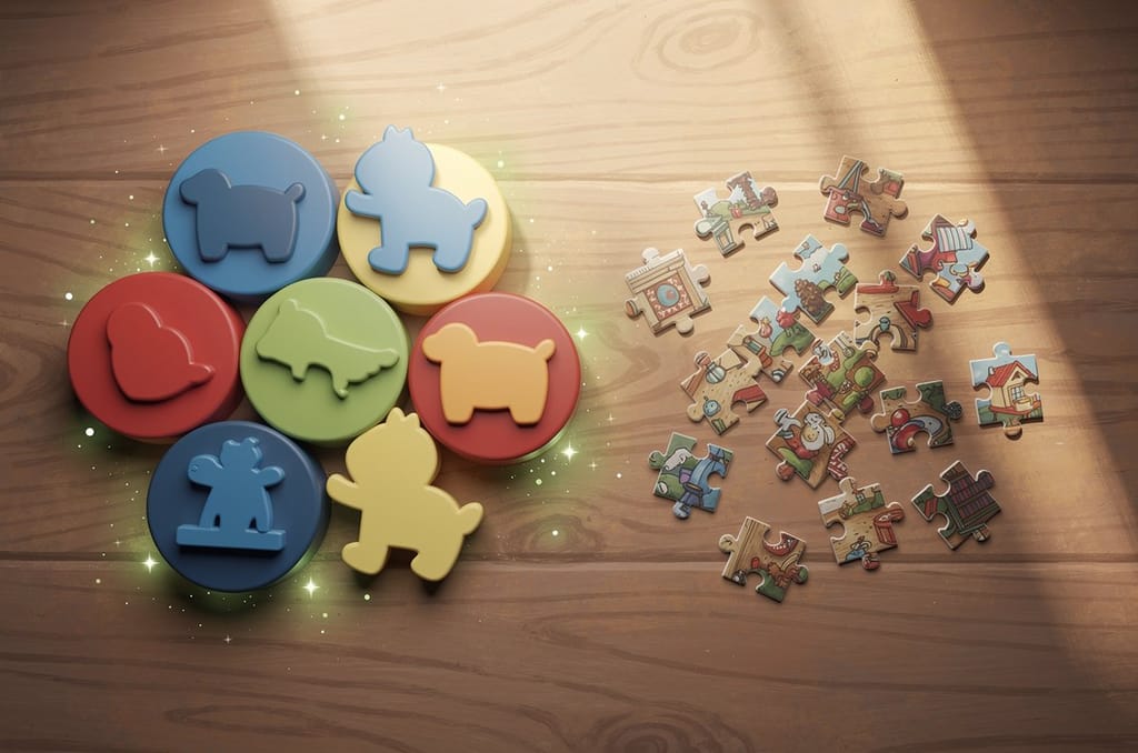 A size comparison on a wooden table: large chunky rounded toddler puzzle pieces with raised animal shapes on the left, beside a scatter of small thin adult jigsaw pieces on the right