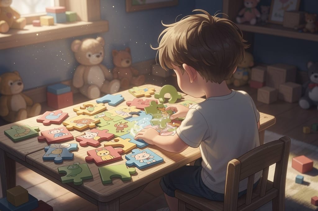 A young child seen from behind at a sunny playroom table, working on a large chunky animal jigsaw puzzle with big colorful pieces