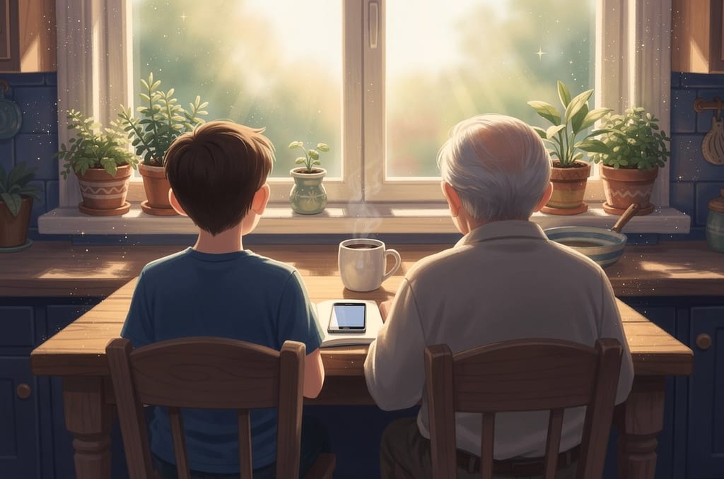 A teenager and a grandparent seen from behind at a kitchen table, a phone lying between them recording, a mug and an open notebook beside it