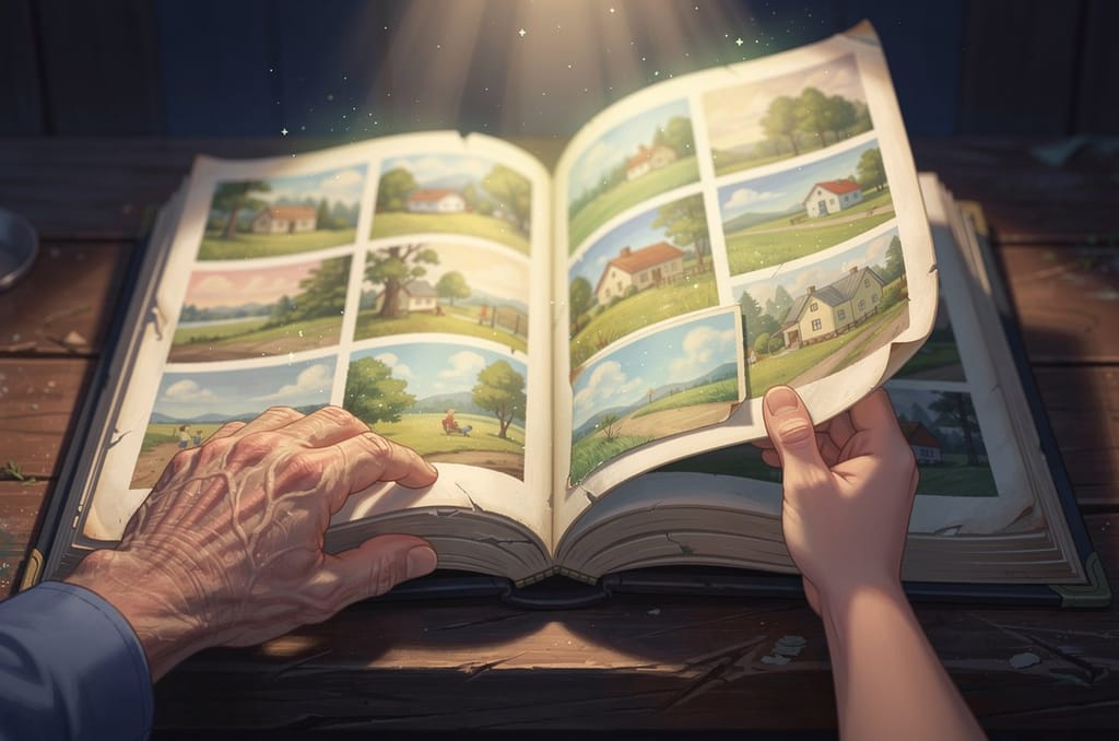 An old family photo album open on a wooden table, one older and one younger pair of hands turning a page together