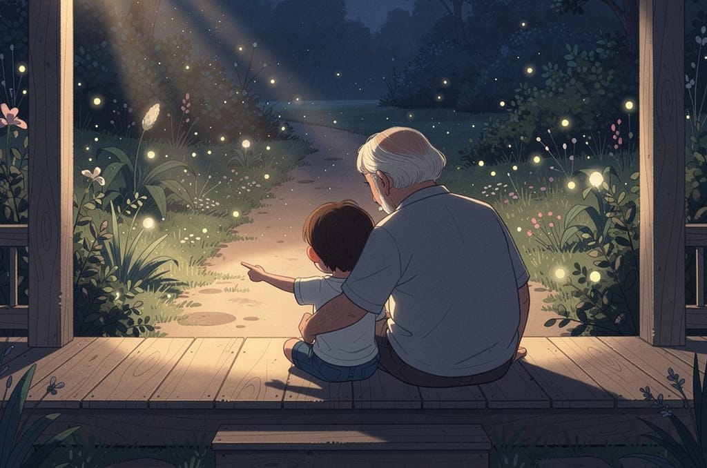 A small child and a grandparent seen from behind sitting on a porch step at dusk, the child pointing out toward the yard