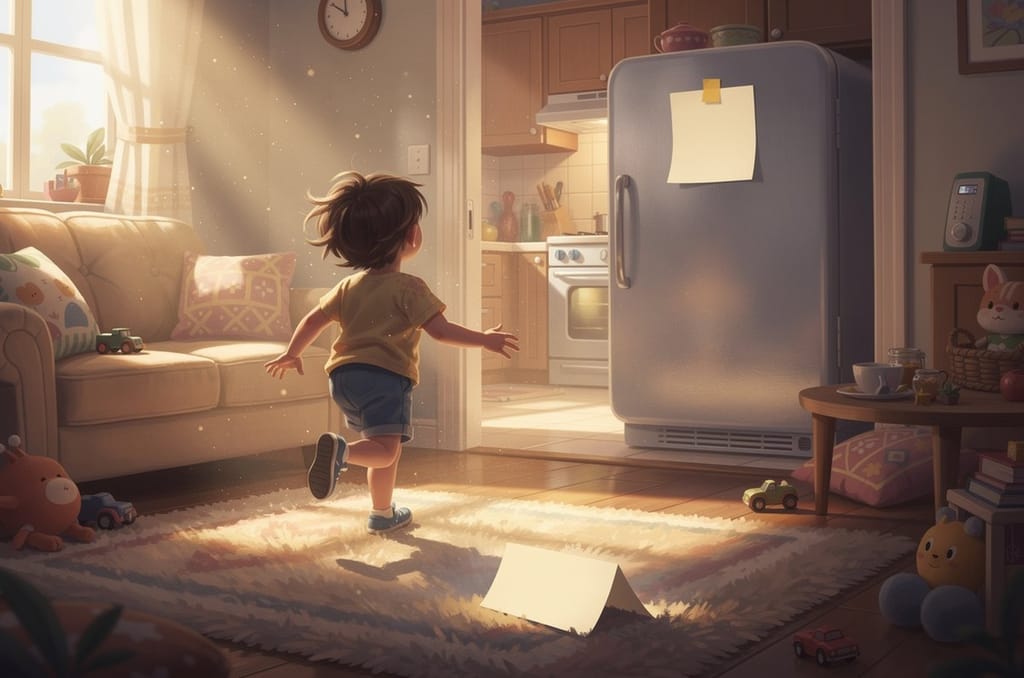 A child seen from behind running across a sunny living room toward a fridge with a folded paper clue taped to it