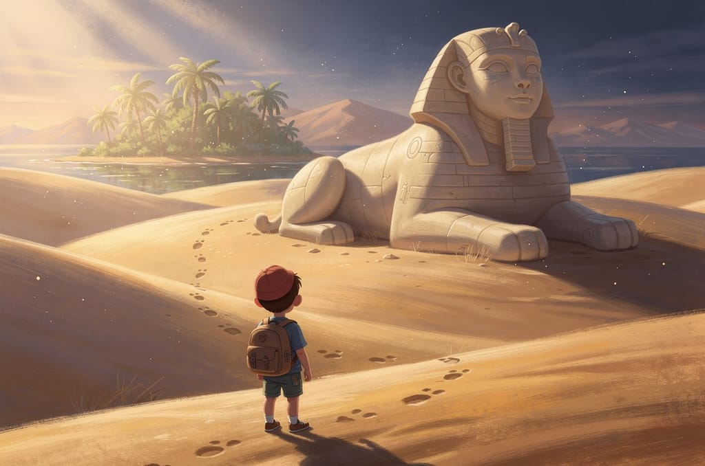 A small explorer seen from behind facing a giant stone sphinx in golden desert light