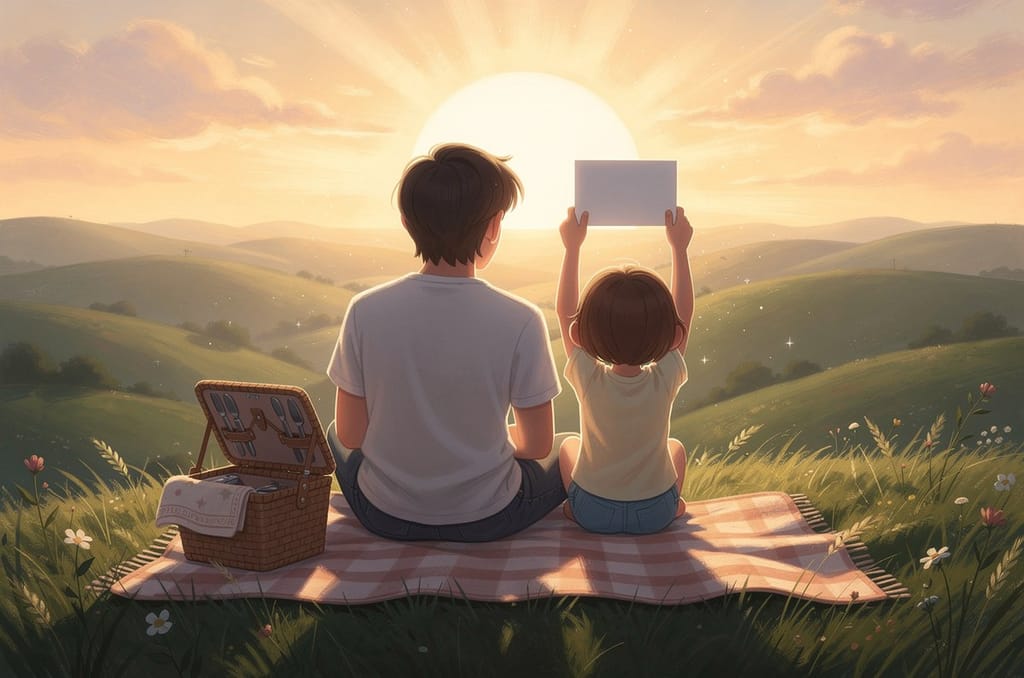 A parent and child seen from behind on a picnic blanket on a hilltop at sunset, the child holding a riddle card up high