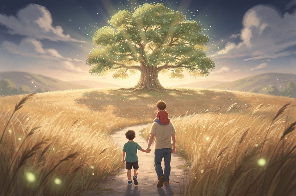 A parent and two children seen from behind walking hand in hand along a path through a golden meadow toward a huge old oak tree, the younger child riding on the parent's shoulders