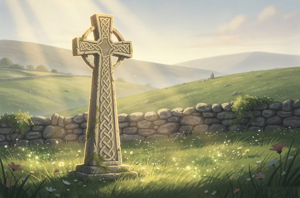 A carved stone high cross covered in knotwork standing in a green Irish field beside a low stone wall in soft morning light