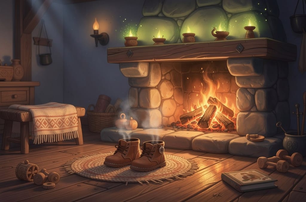 A warm stone hearth with a crackling fire, small clay oil lamps on the ledge and children's boots drying in front of it