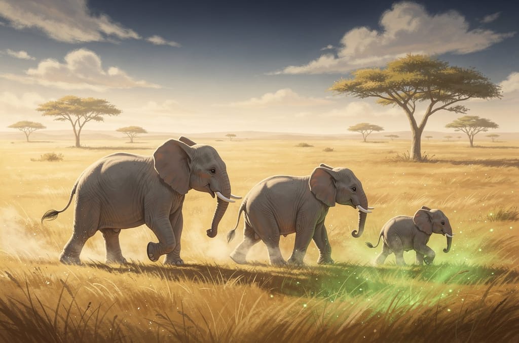 Two adult elephants and a small calf walking in a line across a sunlit golden savanna with acacia trees