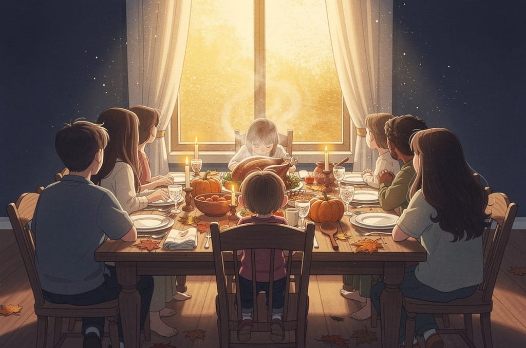 A family seen from behind around a laid Thanksgiving table in warm November light, a small child kneeling up on a chair to lean into the group