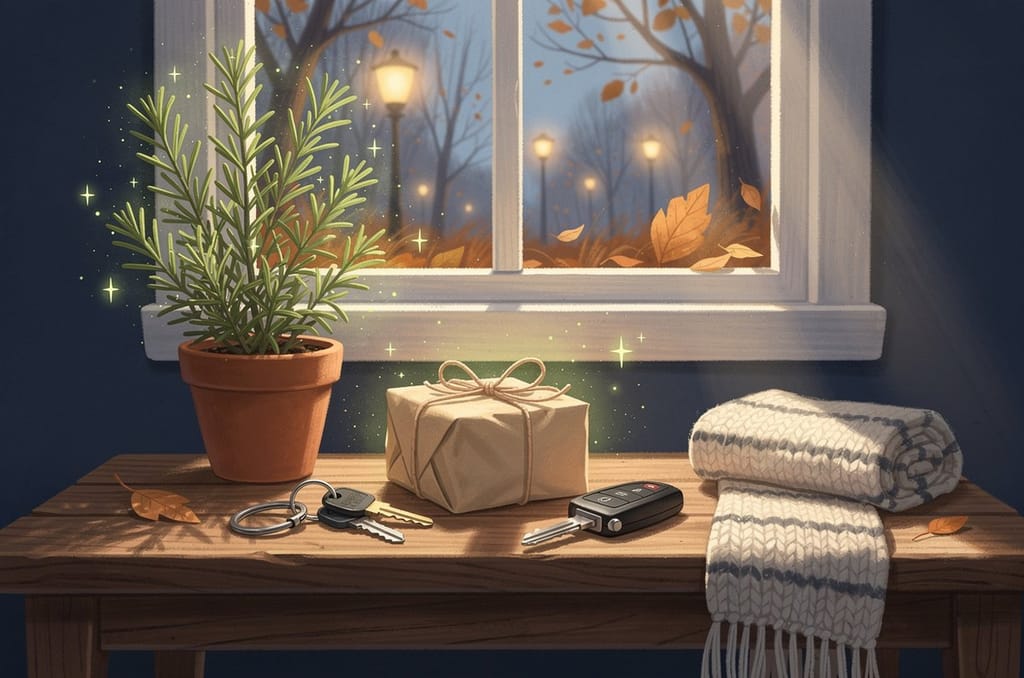 A wrapped parcel and a potted herb set down on a hallway console beside a set of car keys, storybook illustration style