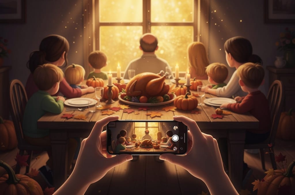 Hands raising a phone to photograph a Thanksgiving table, the family seen from behind, the same scene showing on the phone screen