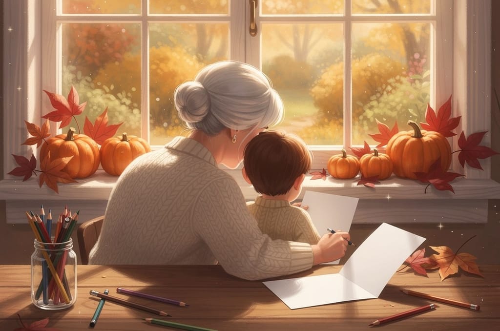 Grandmother and child seen from behind writing a blank card at a sunny window, with pumpkins and maple leaves on the sill