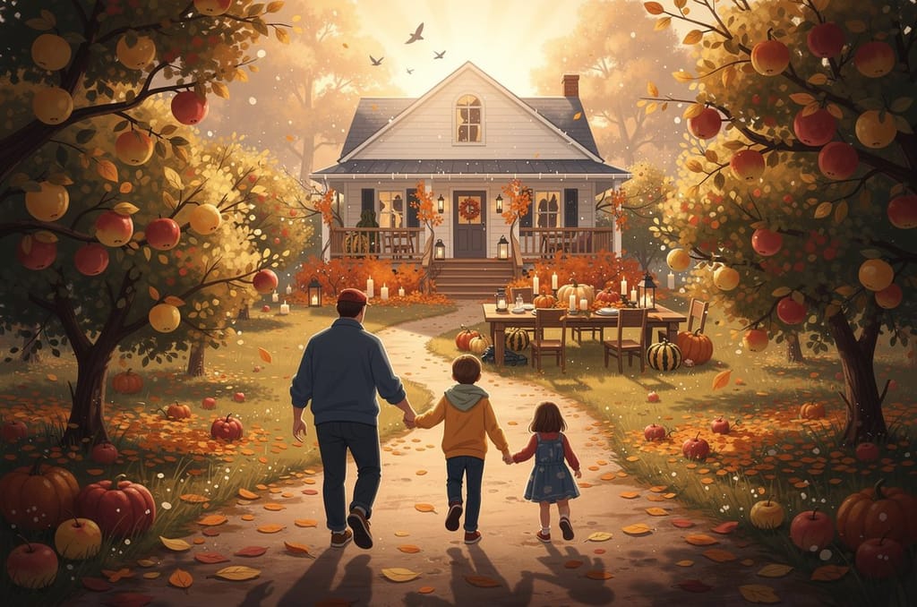Father and two children walking hand in hand up an apple orchard path toward a farmhouse and a harvest table with pumpkins