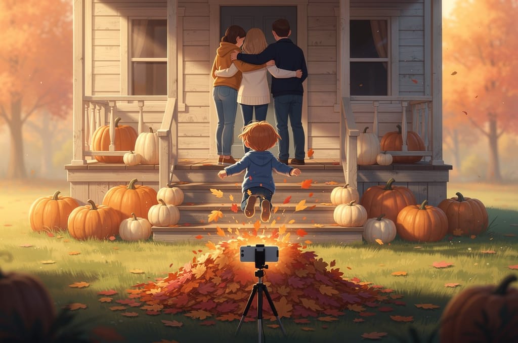 Family hugging on a pumpkin-lined farmhouse porch as a child bounds up the steps, with a phone on a tripod in the foreground