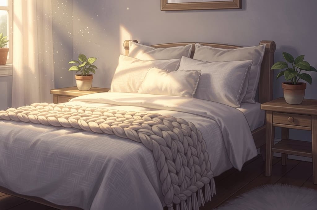 A made bed in soft morning light with a chunky knit throw blanket laid across the foot of the bed