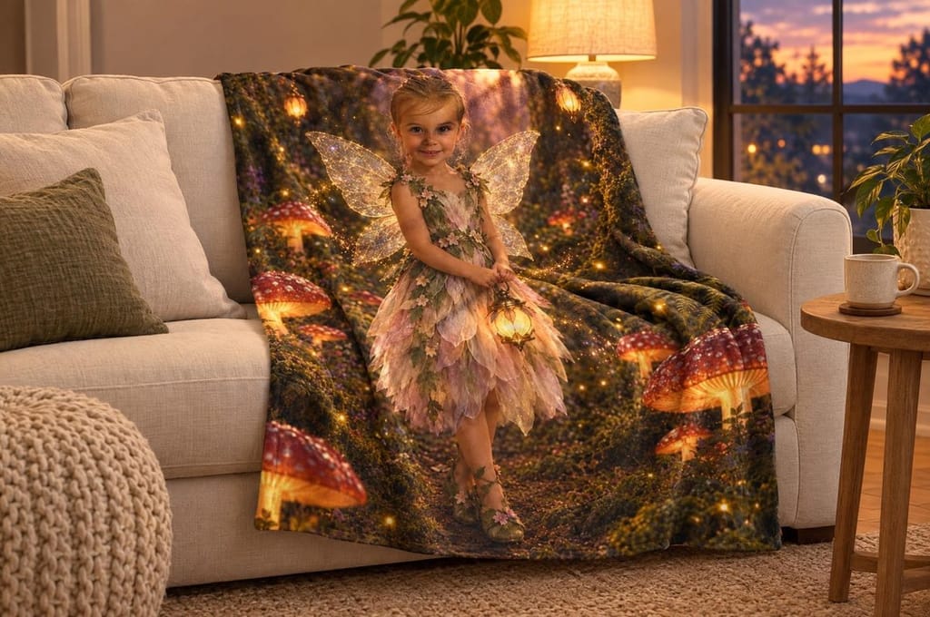 A 50 by 60 inch fleece throw printed with a portrait of a young girl as a fairy holding a lantern among glowing mushrooms, draped over a cream sofa in a cozy lamplit living room
