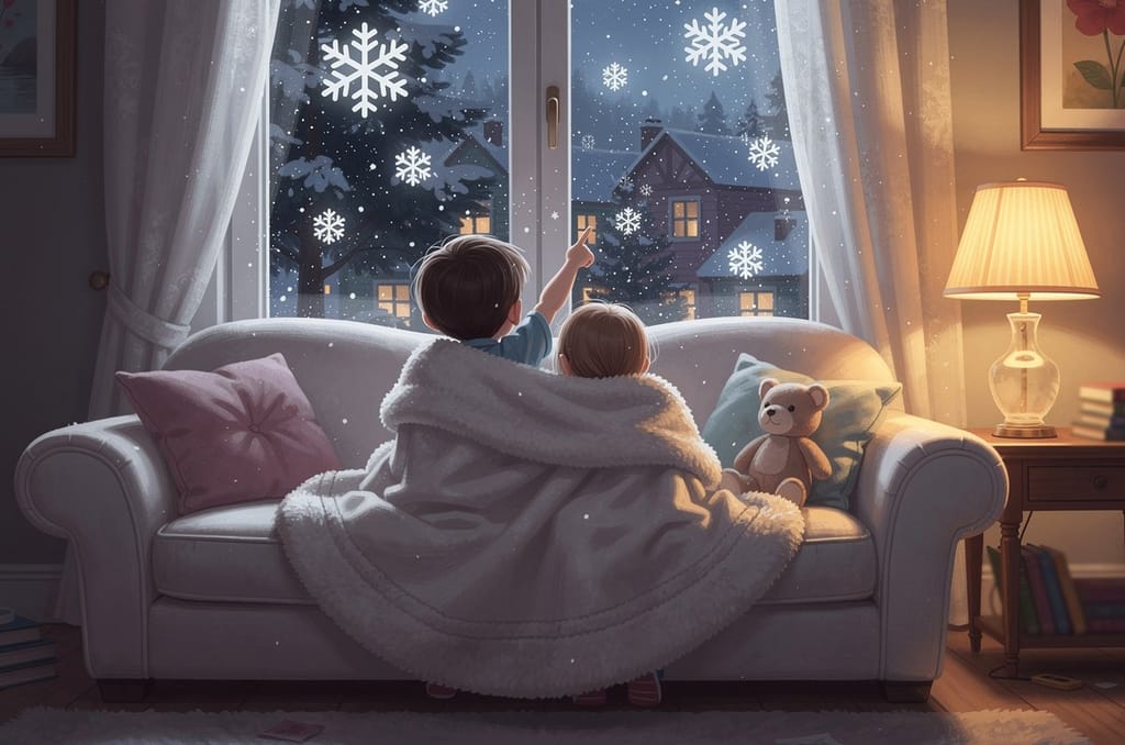 Two children seen from behind sharing one fleece throw blanket on a sofa, one pointing at snow falling outside a window, throw blanket size