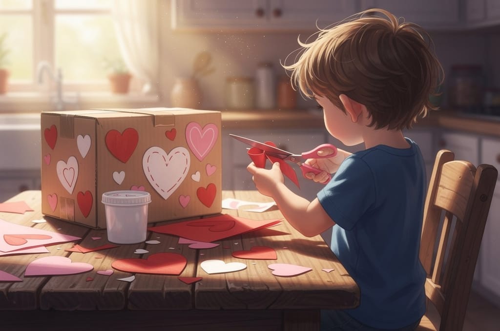 A child seen from behind at a sunny kitchen table cutting out a red paper heart with safety scissors, beside a cardboard valentine box covered in paper hearts