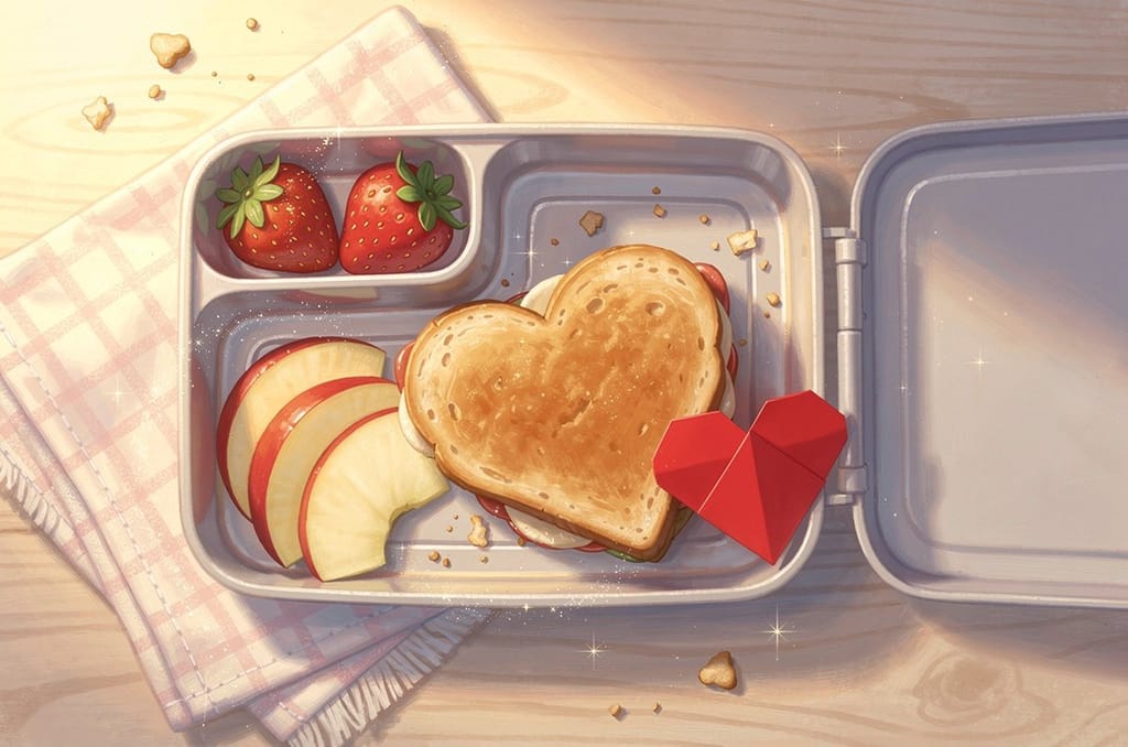 An open child's lunchbox seen from above with a heart-shaped sandwich, apple slices, strawberries and a folded red paper heart note