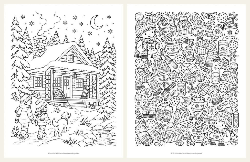 Two detailed cozy winter coloring pages: a log cabin in the snowy woods at night with children and a dog walking up, and a pattern page of mugs, mittens, hats and cookies