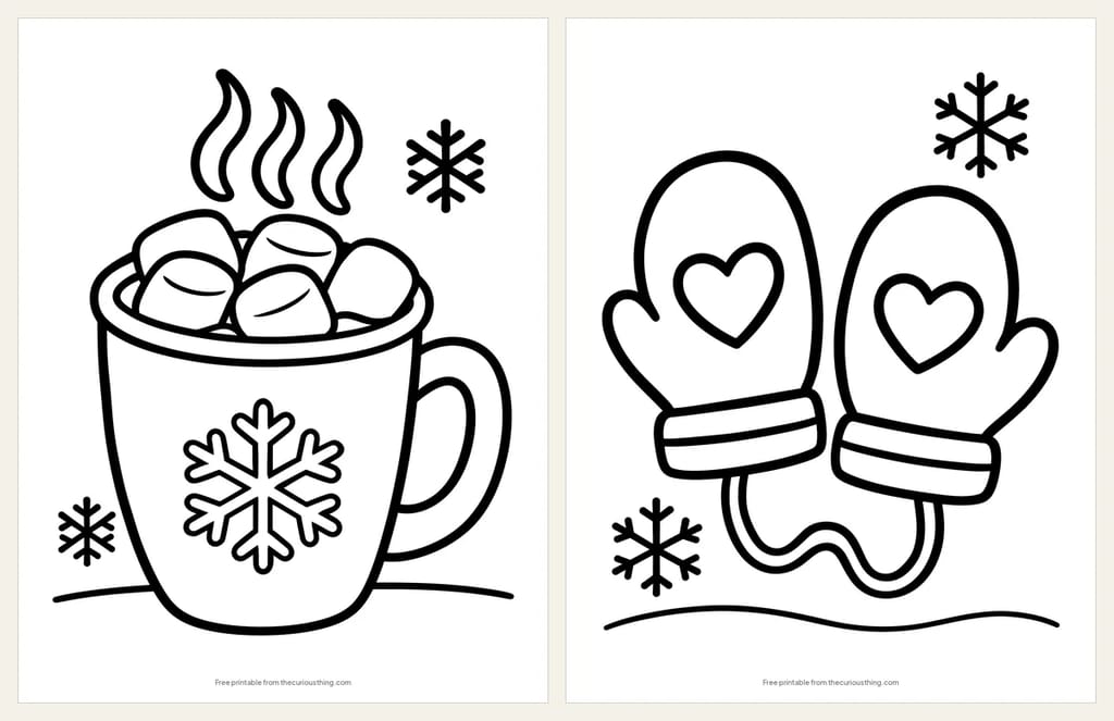 Two easy cozy winter coloring pages: a big mug of hot cocoa piled with marshmallows, and a pair of mittens on a string with hearts on them