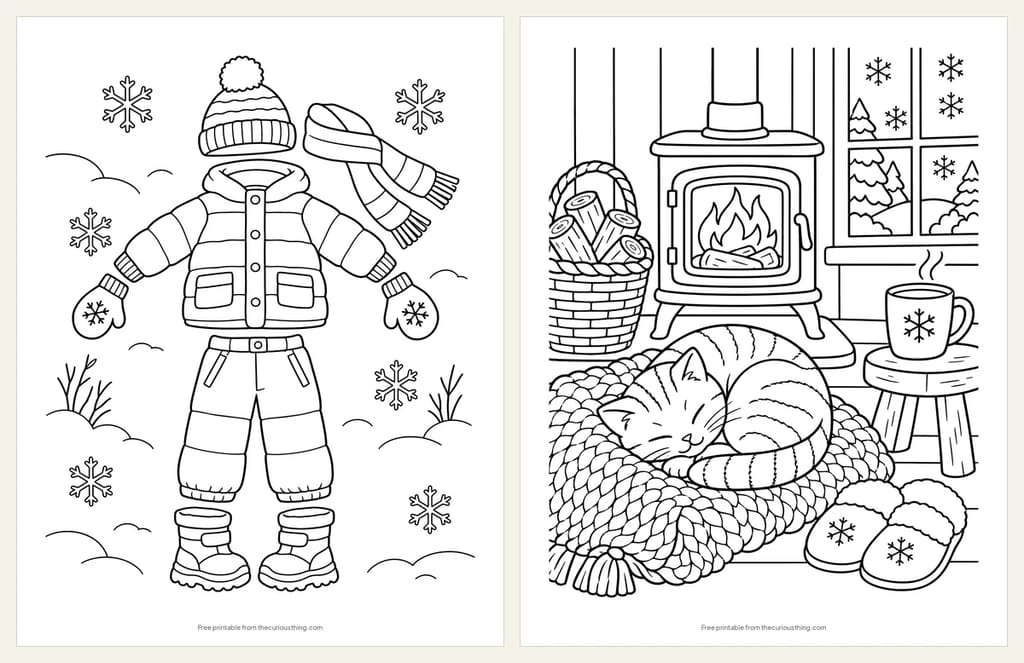 Two cozy winter coloring pages: a child's snow clothes laid out flat from hat to boots, and a cat asleep on a knitted blanket by a wood stove
