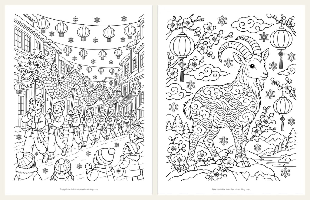 Two detailed Lunar New Year coloring pages: a long dragon carried on poles down a street strung with lanterns, and a patterned goat among plum blossoms for the Year of the Goat