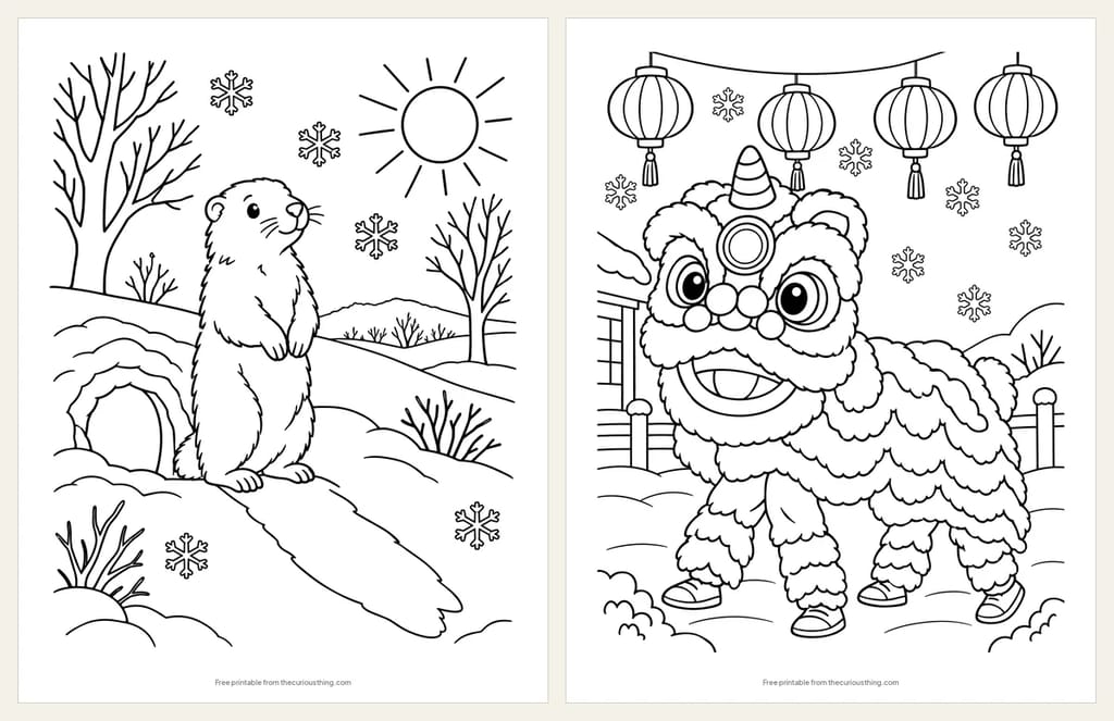 Two coloring pages: a groundhog standing by its burrow with its long shadow on the snow, and a Lunar New Year lion dance under hanging lanterns