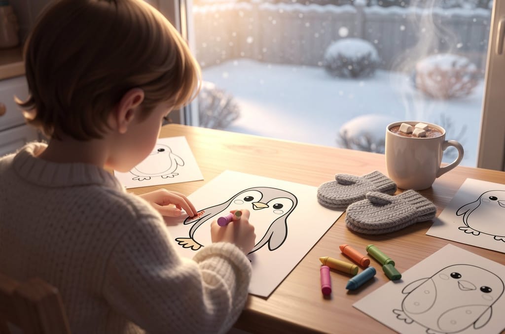 A child seen over the shoulder coloring a printed penguin coloring page with chunky crayons at a kitchen table, a mug of cocoa and knitted mittens beside them, snow falling outside the window