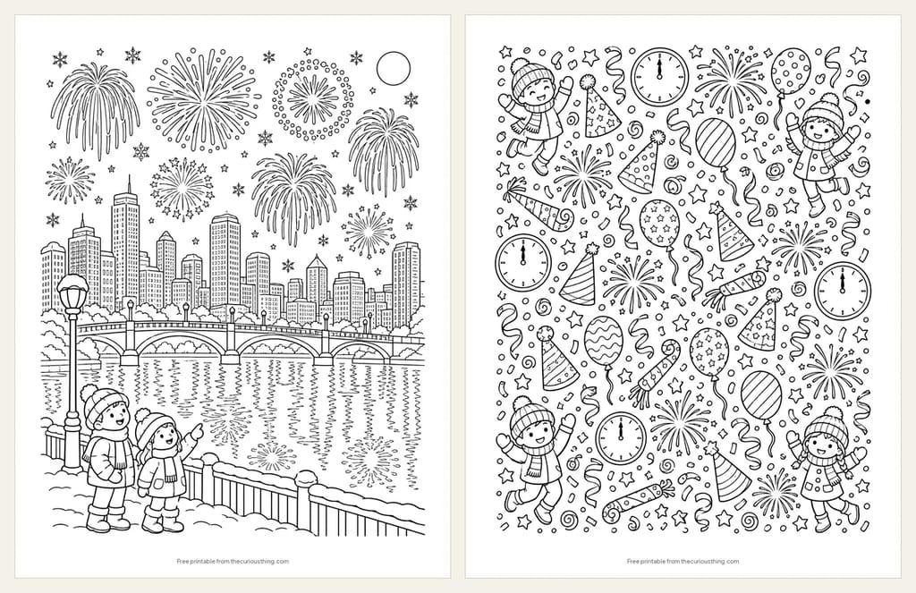 Two detailed New Year's coloring pages: fireworks over a city skyline and a river with a bridge, and a pattern page of party hats, balloons, fireworks and clocks