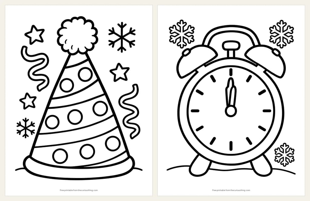 Two easy New Year's coloring pages: a striped party hat with a pom-pom, and an alarm clock with both hands pointing to midnight