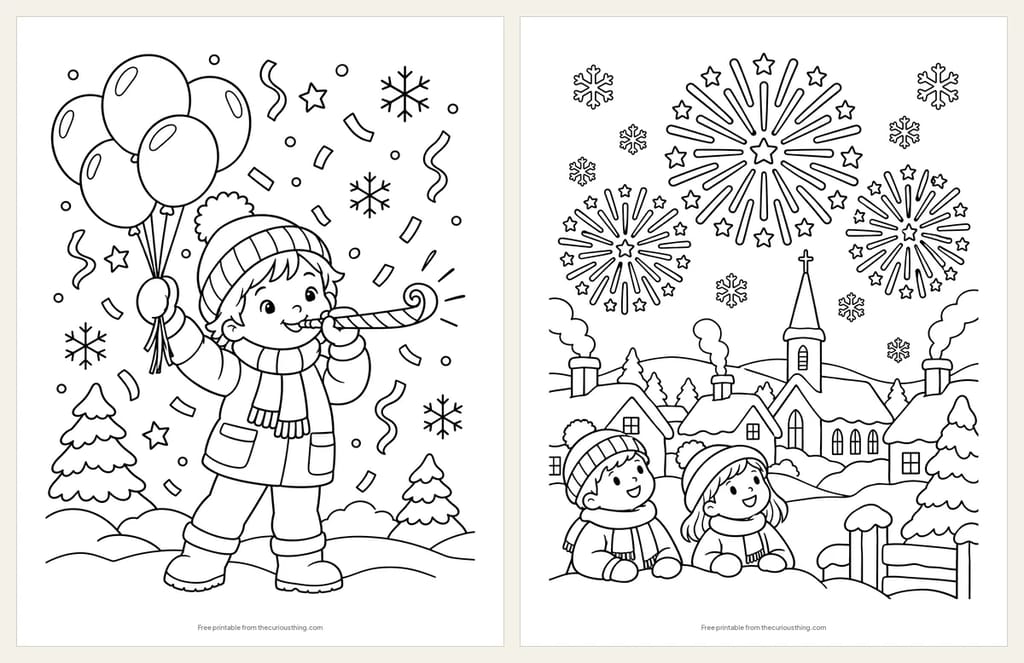 Two New Year's coloring pages: a child in a party hat blowing a party horn with balloons and confetti, and fireworks bursting over a snowy town