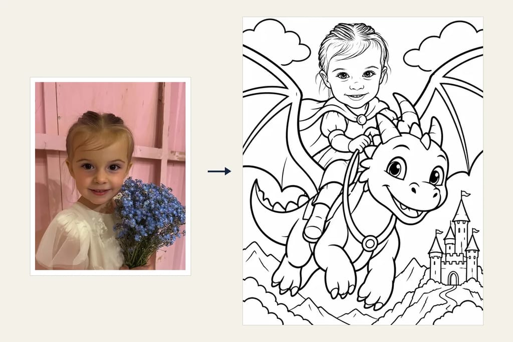 A photo of a smiling little girl holding blue flowers, and beside it the coloring page made from it: the same girl riding a friendly dragon over the mountains, with a castle on a hill below