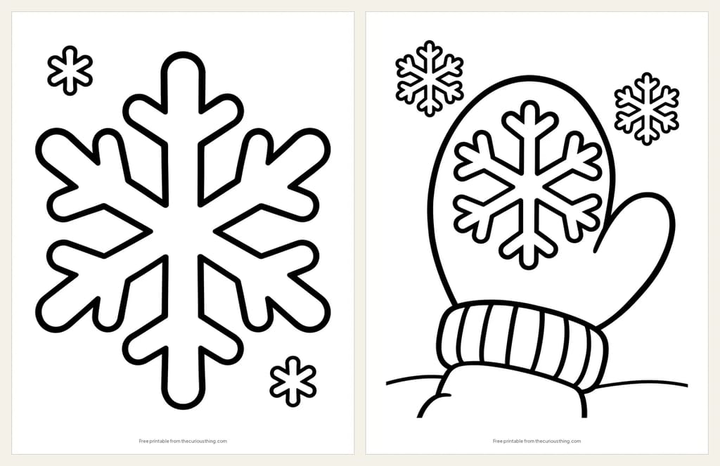 Two easy snowflake coloring pages: one huge six-armed snowflake, and a mitten catching a big six-armed snowflake