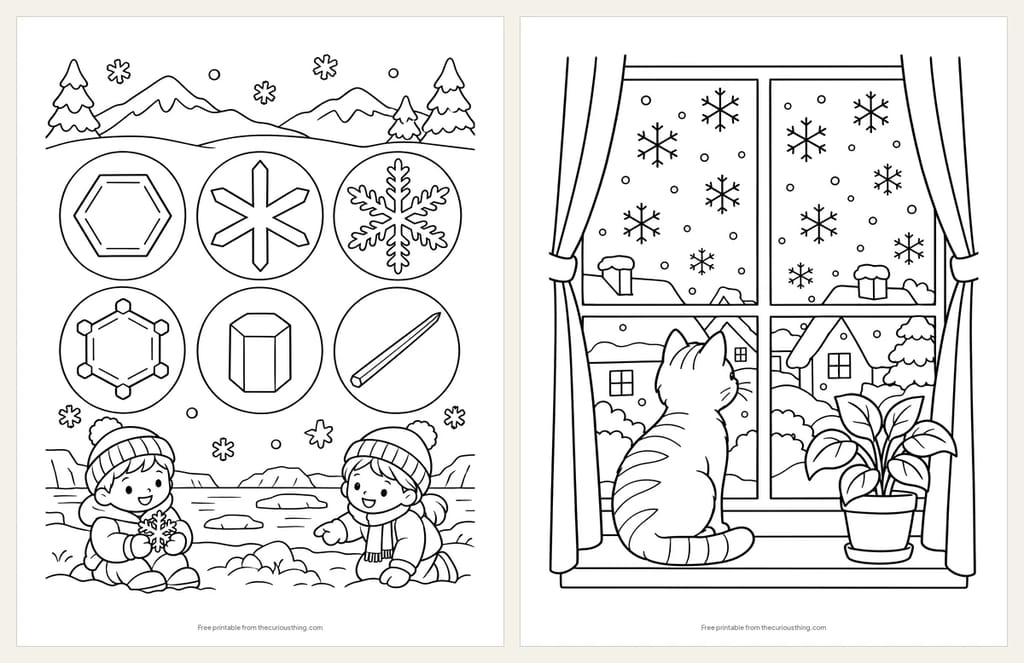 Two snowflake coloring pages: six kinds of snow crystal in circles, from a flat plate to a needle, with two children catching snowflakes below, and a cat on a windowsill watching snow fall