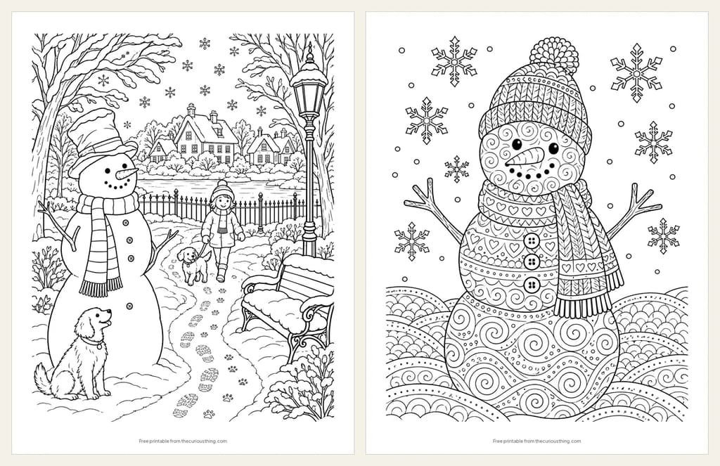 Two detailed snowman coloring pages: a tall snowman in a snowy town park with a bench, a lamppost and a dog, and a snowman filled with knitted and swirling patterns