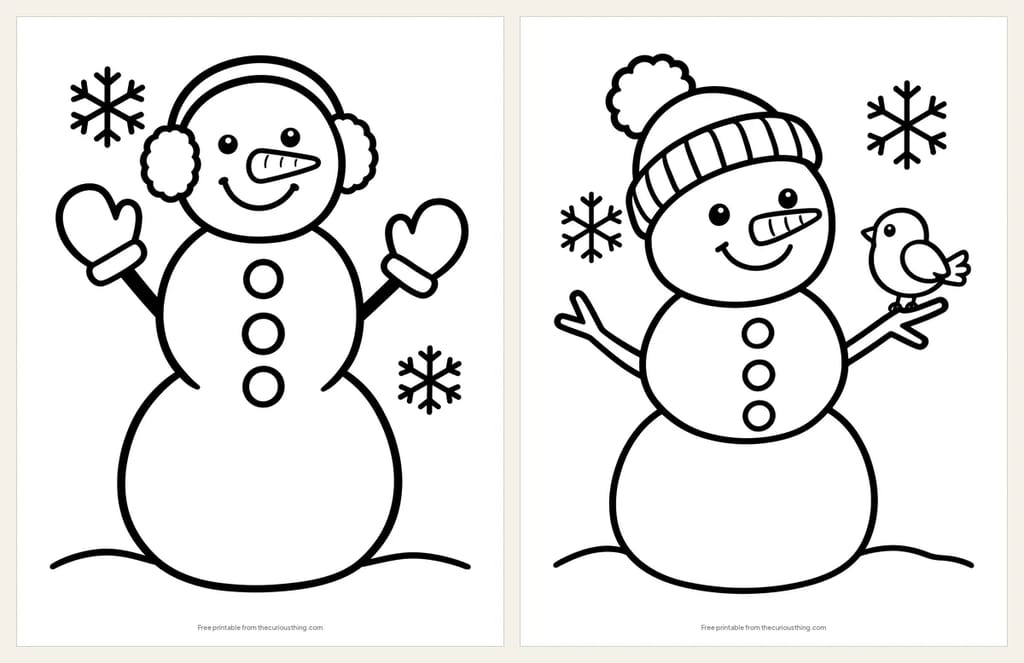 Two easy snowman coloring pages with thick outlines: a snowman in earmuffs with mittens on its stick arms, and a snowman in a bobble hat with a little bird on its arm