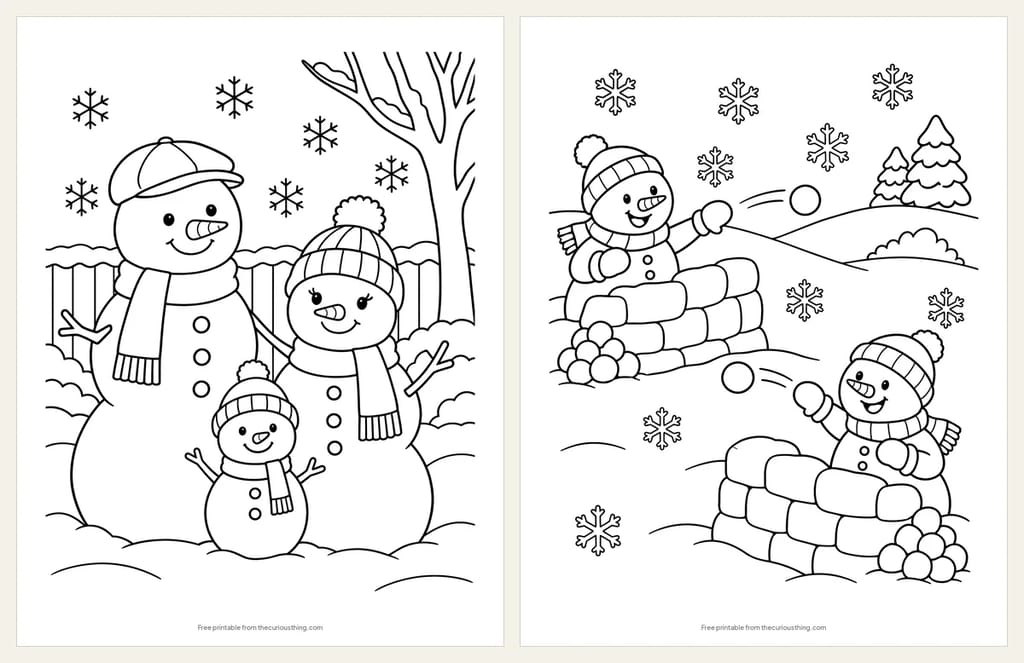 Two snowman coloring pages: a snowman family with a tiny snow-baby in a snowy backyard, and two snowmen having a snowball fight from behind snow-block walls