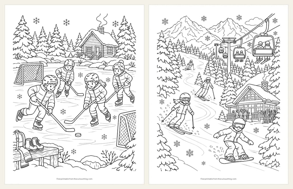 Two detailed winter sports coloring pages: children playing hockey on a frozen pond beside a cabin, and skiers and a snowboarder on a mountain slope with a chairlift