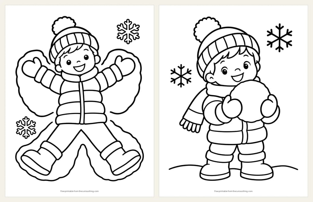 Two easy snow day coloring pages: a child making a snow angel, seen from above, and a child holding up a big snowball