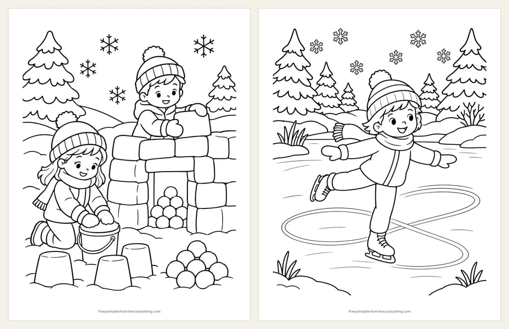 Two snow day coloring pages: two children building a snow fort from blocks, and a child ice skating on a frozen pond with a figure-eight trail