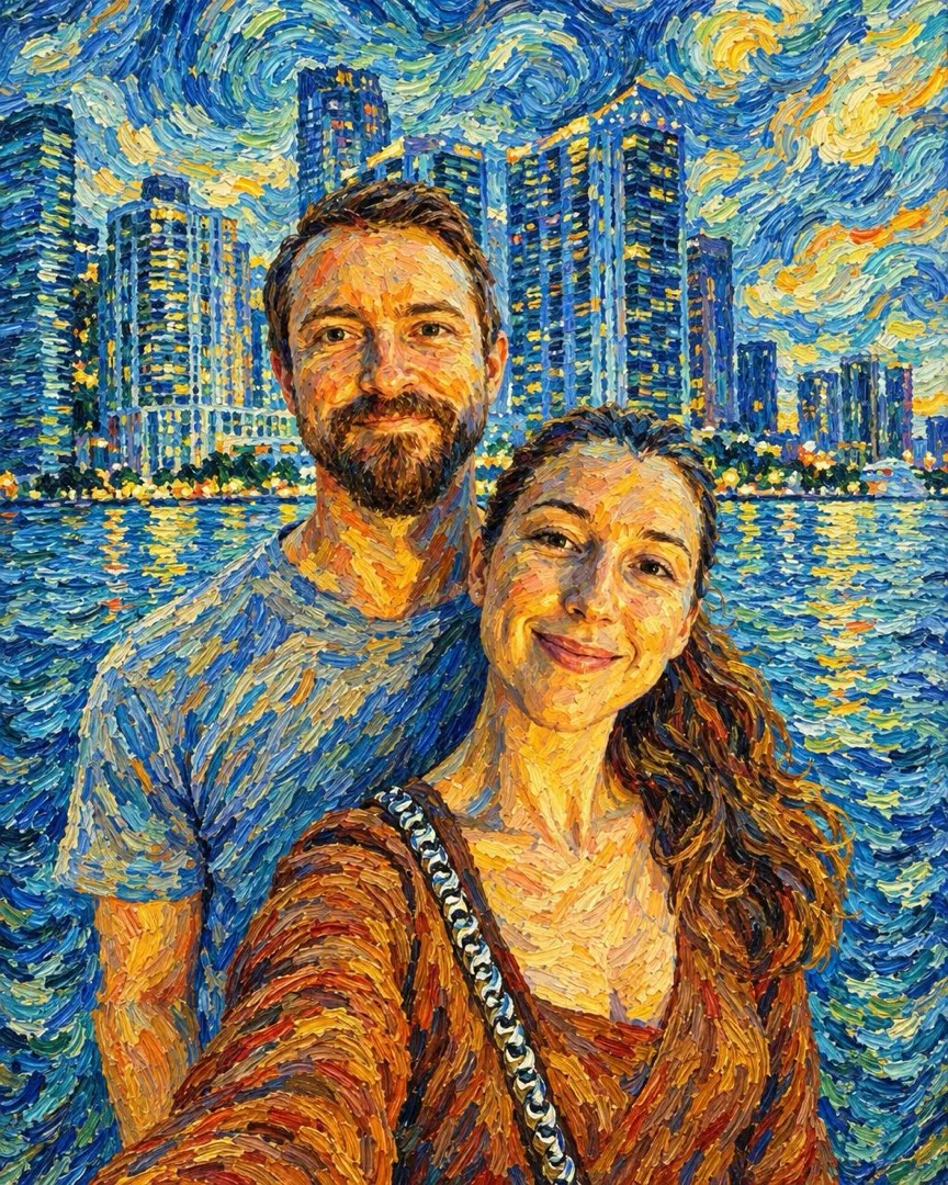 A couple painted in a swirling oil style against a city waterfront, printed as a gallery-wrapped canvas