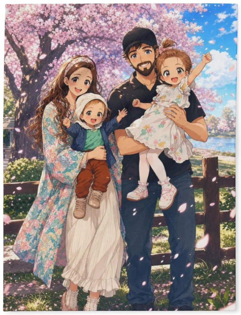 Anime family portrait printed on a soft fleece blanket