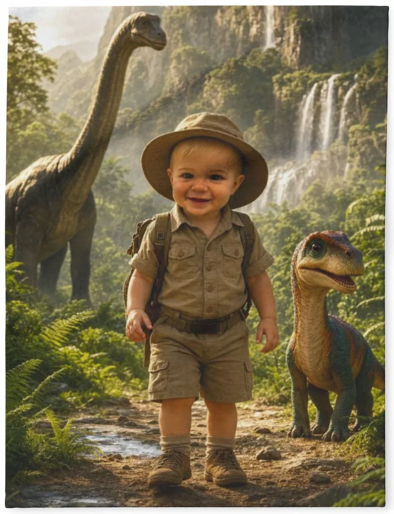 The same dinosaur explorer portrait printed on a soft fleece blanket