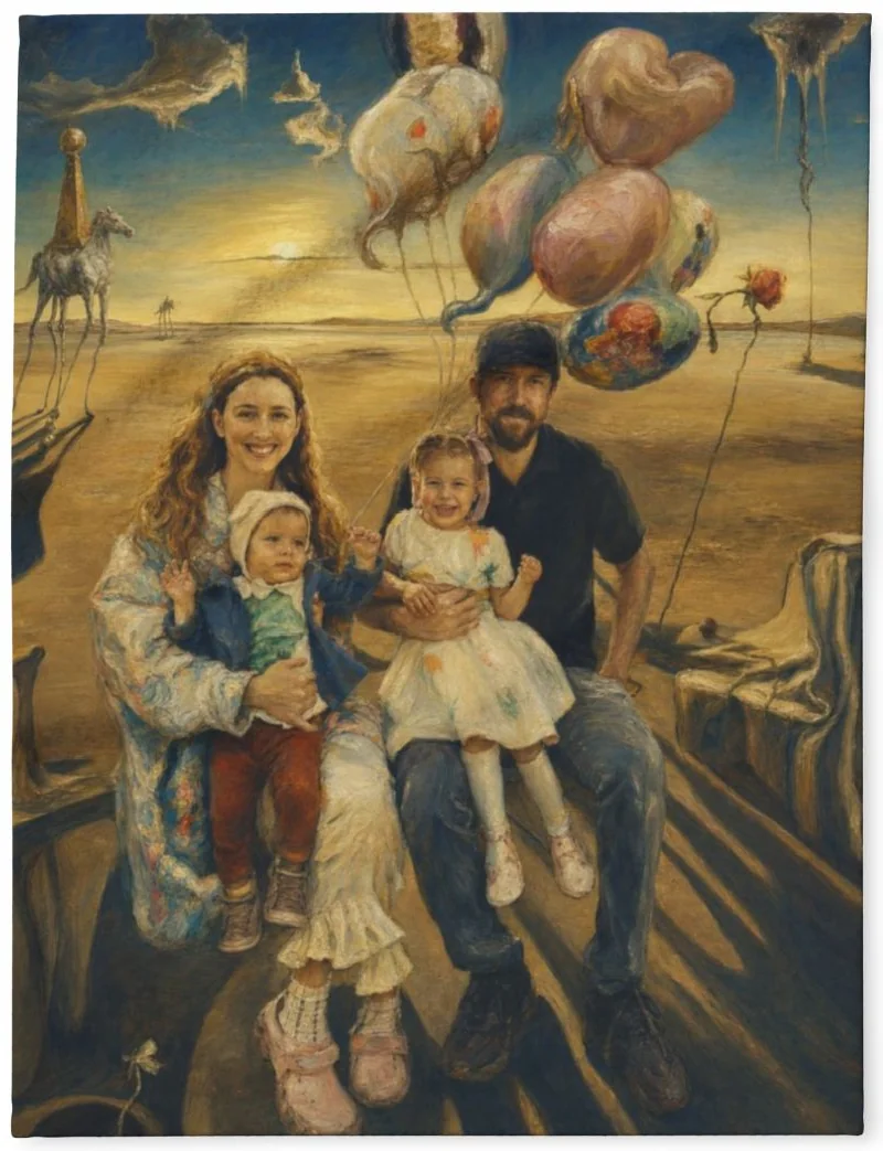 Surreal Dreamscape family portrait printed on a soft fleece blanket