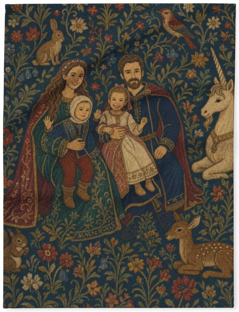 Woven Family Saga family portrait printed on a soft fleece blanket