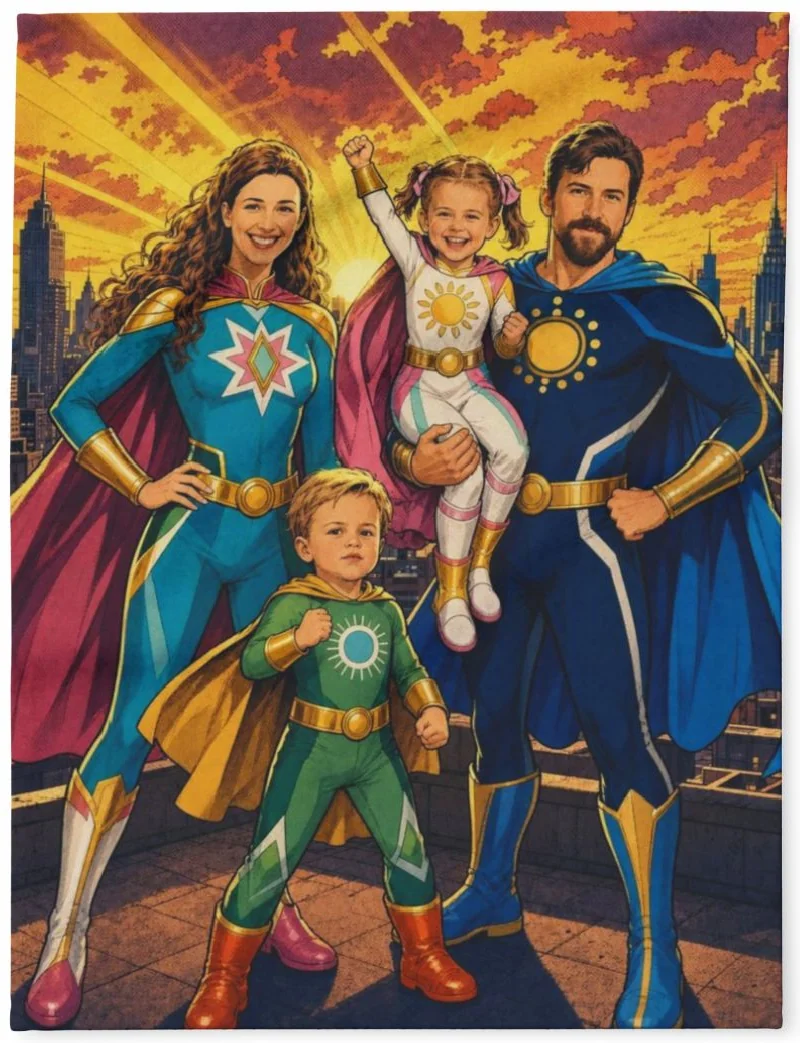Family of Heroes family portrait printed on a soft fleece blanket